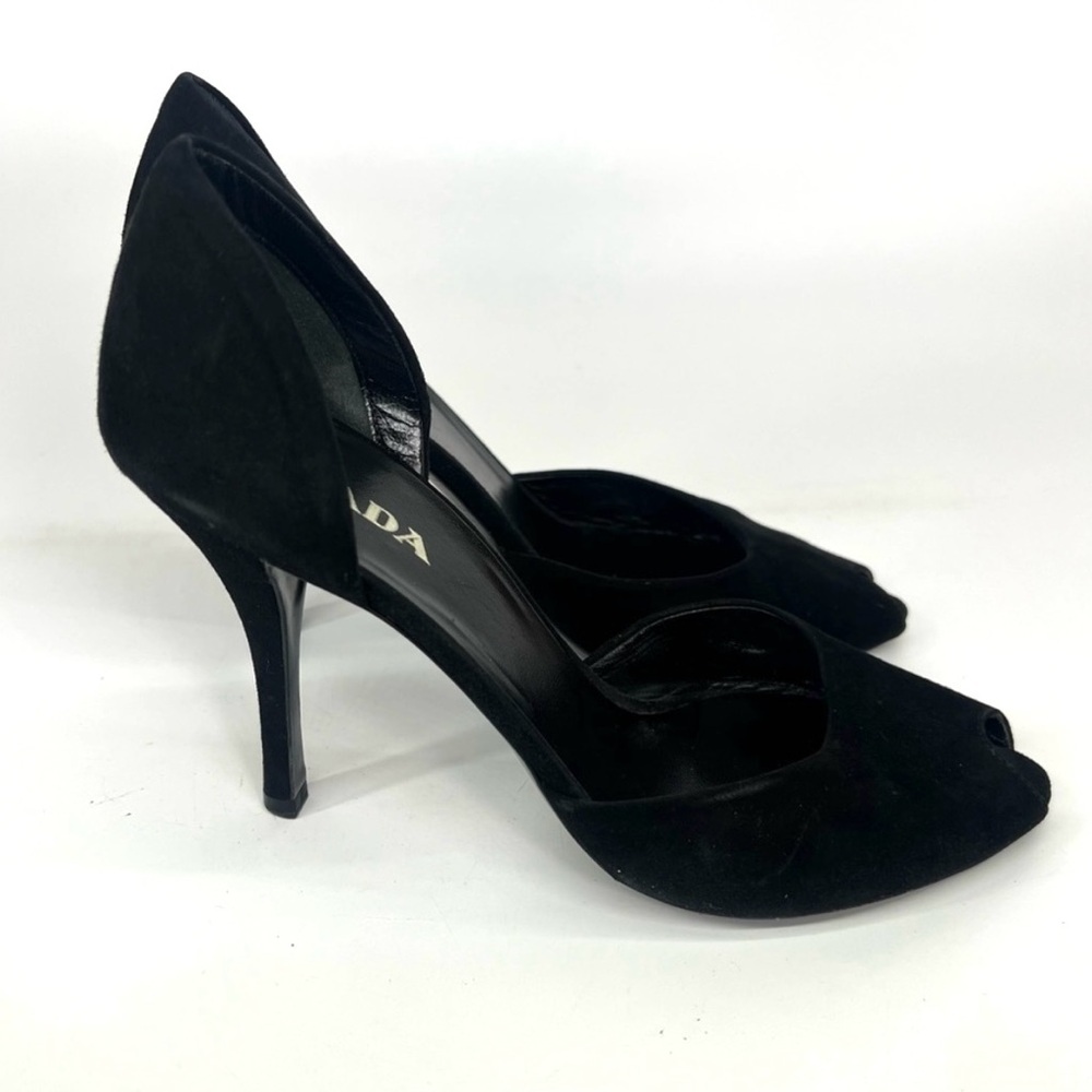 Vintage Prada Black Suede Peeptoe Stiletto Pumps D’Orsay Style Size 39 US 9 Nine - Picture 3 of 10